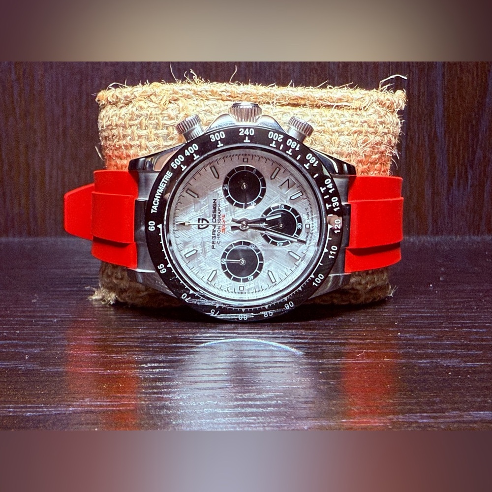 PD Daytona Style Chronograph, Seiko VK64 MVMT, upgraded FKM red rubber strap